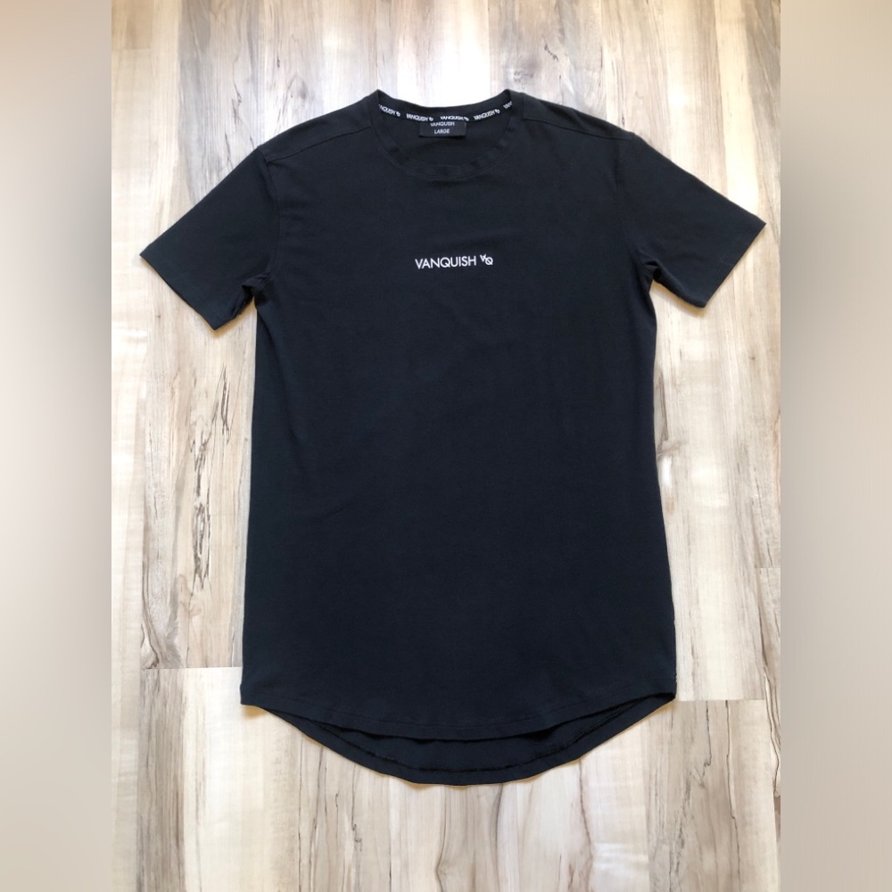 Vanquish Fitness Mens Large Black Longline T Shirt VQ Gym Stretch Curved Hem Tee